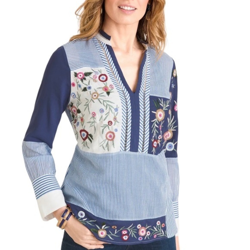 CHICOS patchwork floral embroidered long sleeve tunic top size 2 = Large 12/14
